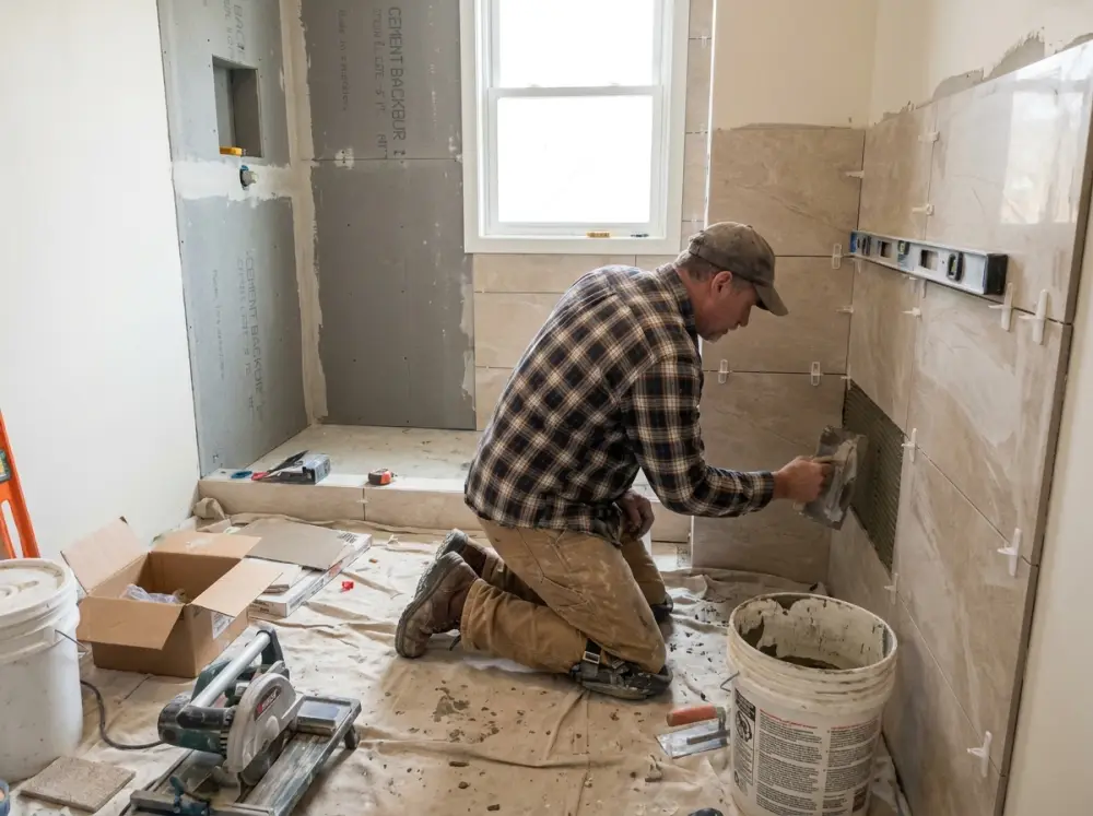 Setting large-format porcelain wall tile over cement backer board in a Boise shower