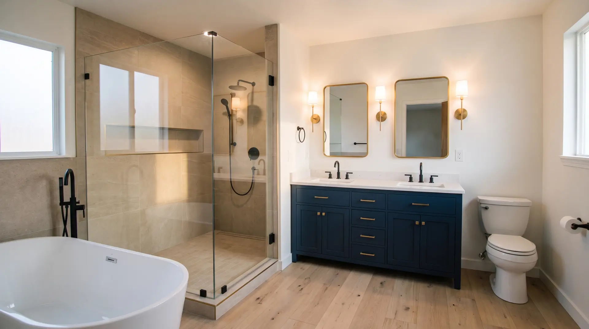 Fully remodeled Boise primary bathroom: freestanding tub, sand-tile walk-in shower with frameless glass, navy double vanity with brass mirrors