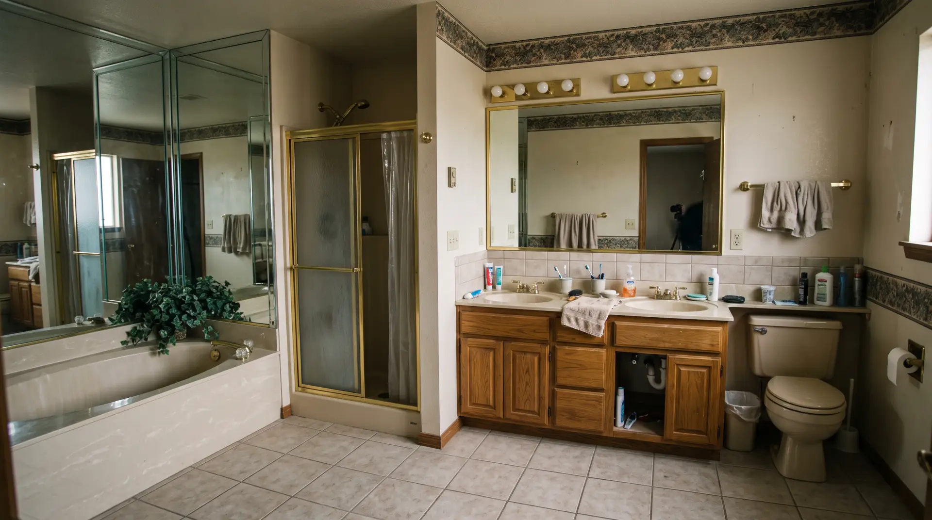 The same bathroom before the remodel: 1990s garden tub, brass shower enclosure, oak double vanity and wallpaper border