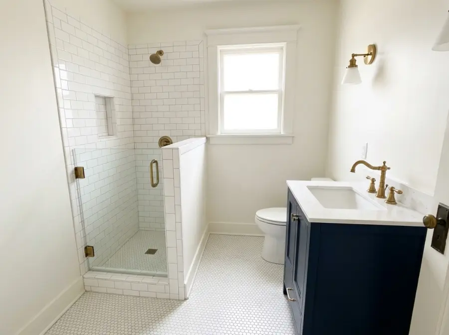 Remodeled small craftsman bathroom with subway-tile walk-in shower, hex floor and navy vanity