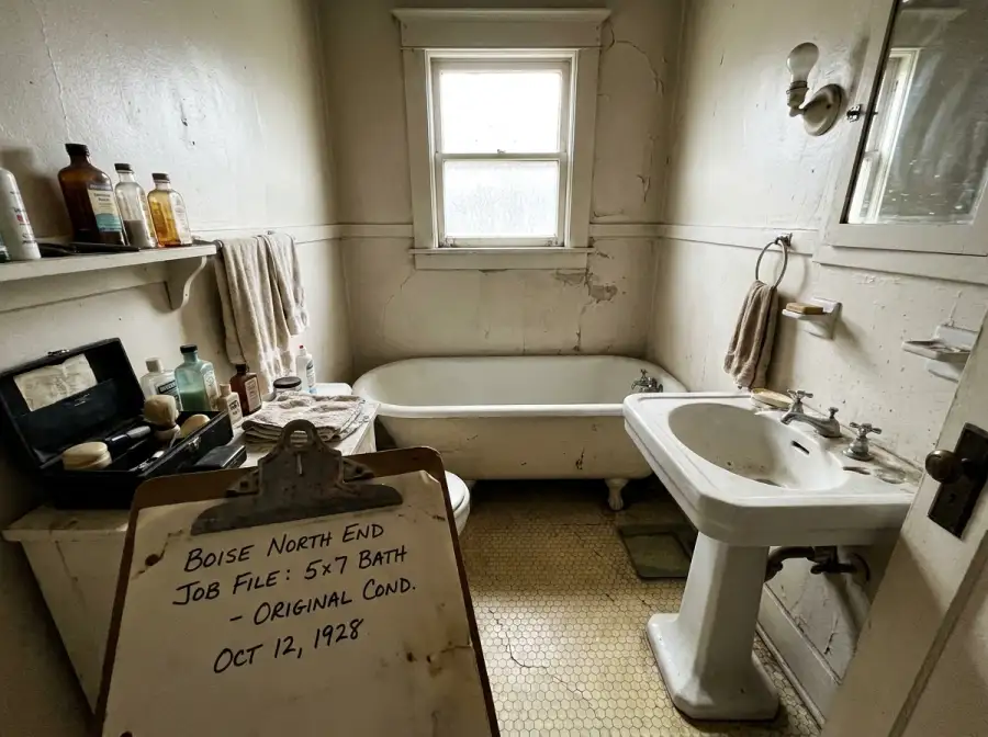 Cramped 1920s North End craftsman bathroom with clawfoot tub, before remodel